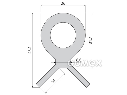 Geformtes Silikonprofil mit Loch, 43,1x26/8,8mm, 60°ShA, -60°C/+180°C ,grau(RAL 9007), 